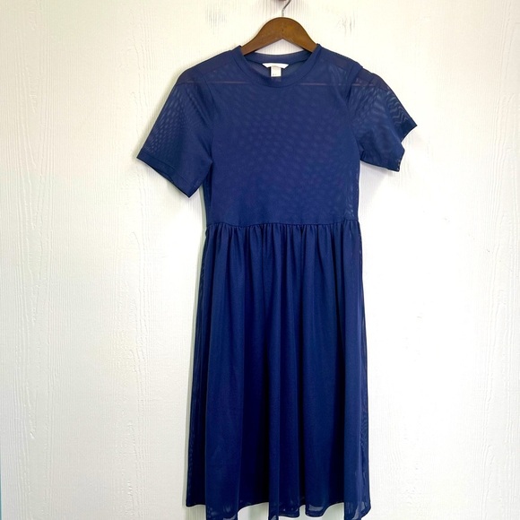 H&M - Dark Blue Crewneck Mesh Short Sleeve See Thru Midi Dress Size 2 - Picture 7 of 9